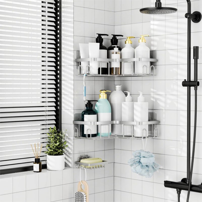 Moforoco Corner Shower Caddy Shelf Organizer Rack, Self Adhesive Black Bathroom Shelves Basket, Home Shower Inside Organization and Storage Decor Rv Accessories, First Apartment Essentials（Silver） - Image 5